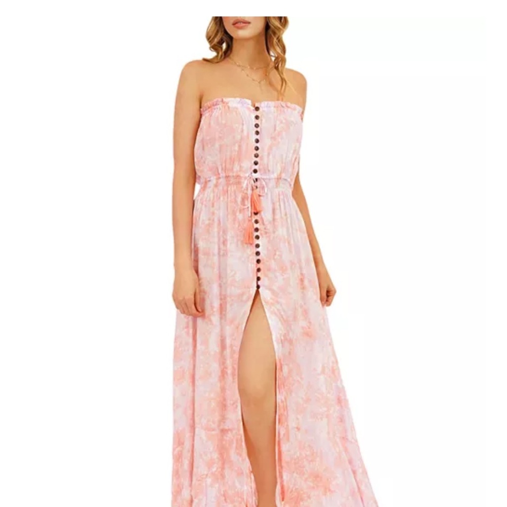 Tiare Hawaii Ryder Strapless Pink Maxi Dress with Front Buttons